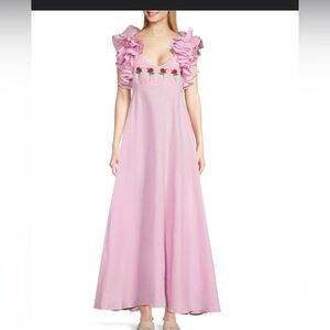 NWOT Fanm Mon Aster Pink Demre Linen Embroidered Maxi Dress Ruffle Sleeve SIZE S